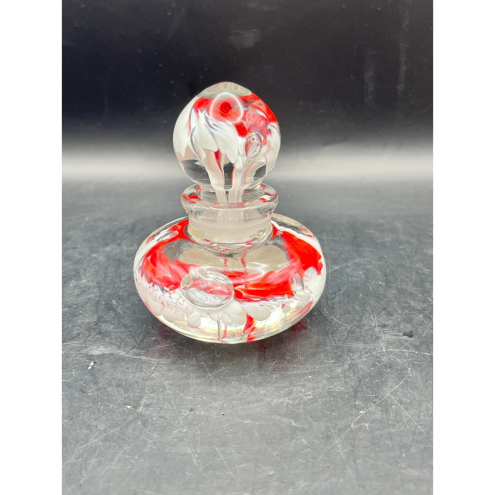 Vtg Art Glass Swirl Perfume Bottle Paperweight Red White‎ Clear Stopper 3" Decor